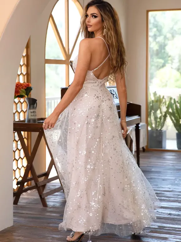 Robe de soirée longue avec décalcomanies en étoile col en V ligne A fente haute robe nuisette pour femme 2026