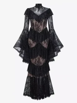 Robe de soirée longue blanche à col montant manches longues en dentelle manches évasées style chic semi-formel