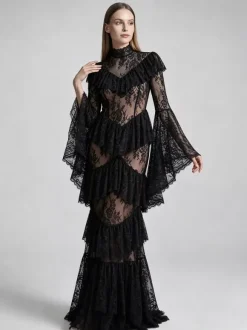 Robe de soirée longue blanche à col montant manches longues en dentelle manches évasées style chic semi-formel