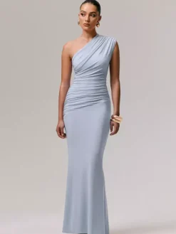 Robe de soirée longue bleue asymétrique sans manches sexy et semi-formelle