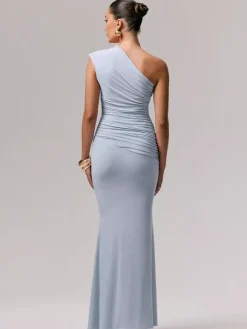 Robe de soirée longue bleue asymétrique sans manches sexy et semi-formelle