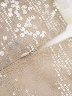 Robe de soirée longue champagne à col montant et sequins manches longues élégante et semi-formelle.