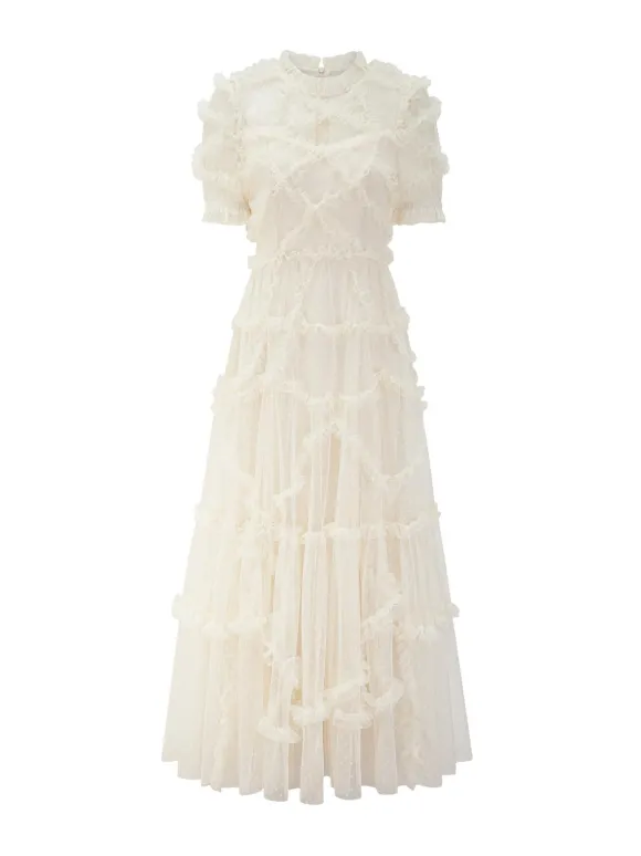 Robe De Soirée Longue Col Haut Volants Manches Courtes À Pois Robe Semi-Formelle