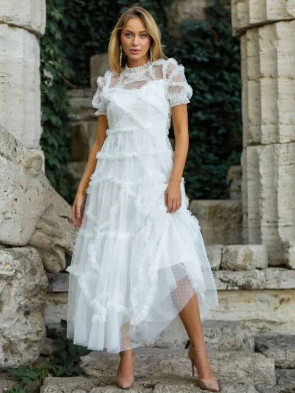 Robe De Soirée Longue Col Haut Volants Manches Courtes À Pois Robe Semi-Formelle