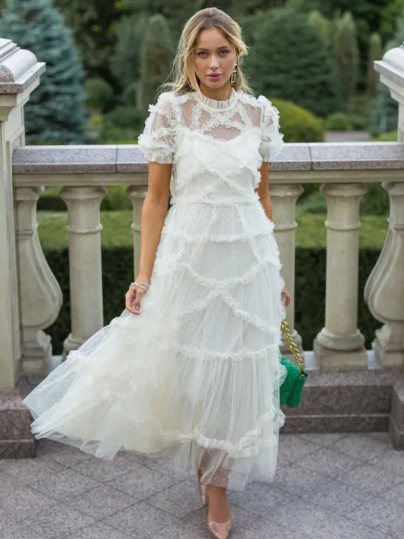 Robe De Soirée Longue Col Haut Volants Manches Courtes À Pois Robe Semi-Formelle