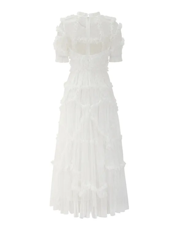 Robe De Soirée Longue Col Haut Volants Manches Courtes À Pois Robe Semi-Formelle