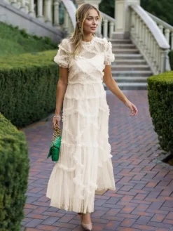 Robe De Soirée Longue Col Haut Volants Manches Courtes À Pois Robe Semi-Formelle