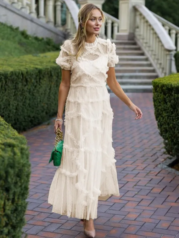 Robe De Soirée Longue Col Haut Volants Manches Courtes À Pois Robe Semi-Formelle