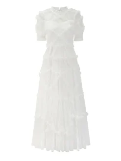 Robe De Soirée Longue Col Haut Volants Manches Courtes À Pois Robe Semi-Formelle