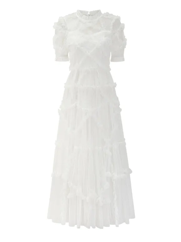 Robe De Soirée Longue Col Haut Volants Manches Courtes À Pois Robe Semi-Formelle