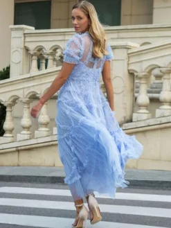Robe De Soirée Longue Col Haut Volants Manches Courtes À Pois Robe Semi-Formelle