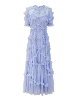 Robe De Soirée Longue Col Haut Volants Manches Courtes À Pois Robe Semi-Formelle