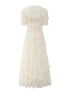 Robe De Soirée Longue Col Haut Volants Manches Courtes À Pois Robe Semi-Formelle