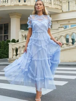 Robe De Soirée Longue Col Haut Volants Manches Courtes À Pois Robe Semi-Formelle