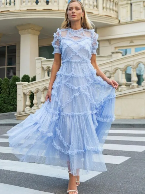 Robe De Soirée Longue Col Haut Volants Manches Courtes À Pois Robe Semi-Formelle