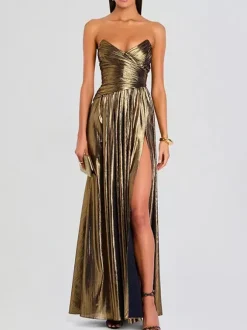 Robe de soirée longue dorée sans manches et dos nu sexy et semi-formelle