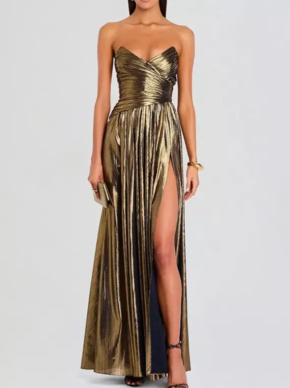 Robe de soirée longue dorée sans manches et dos nu sexy et semi-formelle