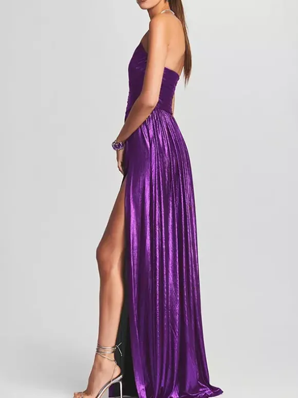 Robe de soirée longue dorée sans manches et dos nu sexy et semi-formelle