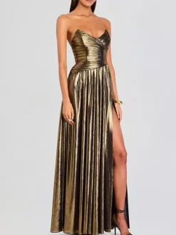 Robe de soirée longue dorée sans manches et dos nu sexy et semi-formelle