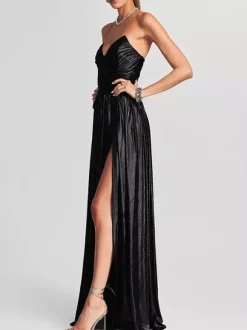 Robe de soirée longue dorée sans manches et dos nu sexy et semi-formelle