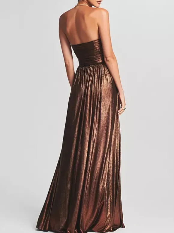 Robe de soirée longue dorée sans manches et dos nu sexy et semi-formelle