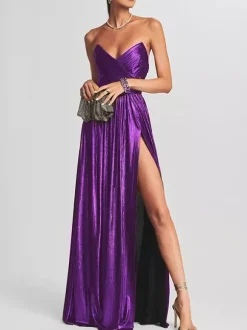 Robe de soirée longue dorée sans manches et dos nu sexy et semi-formelle