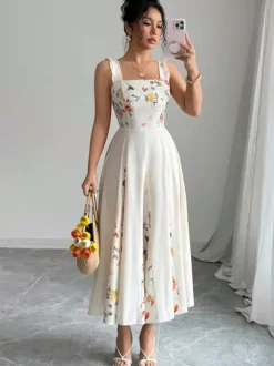Robe de soirée longue dos nu à fleurs plissée sans manches à imprimé floral et col carré