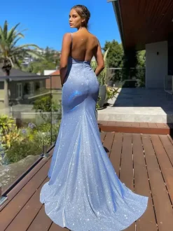 Robe de Soirée Longue en Paillette avec Bretelles à Col V Coupe Cintrée Robe de Sirène Unicolore Robe Longue