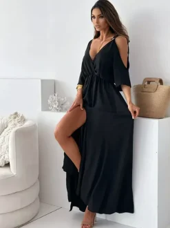Robe de soirée longue kaki à col en V volants manches mi-longues et évasées élégante et semi-formelle.