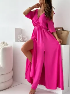 Robe de soirée longue kaki à col en V volants manches mi-longues et évasées élégante et semi-formelle.