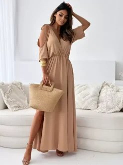 Robe de soirée longue kaki à col en V volants manches mi-longues et évasées élégante et semi-formelle.