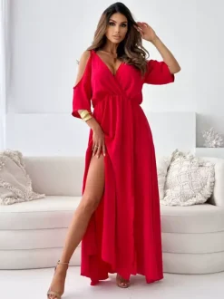 Robe de soirée longue kaki à col en V volants manches mi-longues et évasées élégante et semi-formelle.