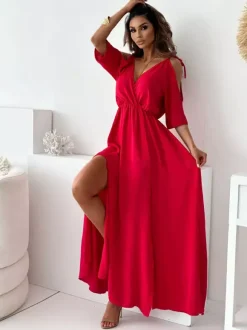Robe de soirée longue kaki à col en V volants manches mi-longues et évasées élégante et semi-formelle.