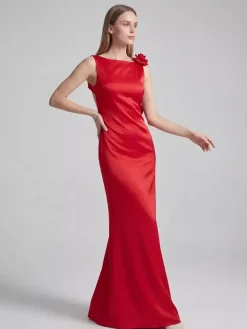 Robe de soirée longue élégante à rosettes pour femme - Robe moulante rouge en satin dos nu ornée de fleurs 3D - Bal de promo d'été 2026
