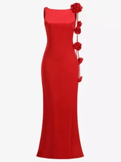 Robe de soirée longue élégante à rosettes pour femme - Robe moulante rouge en satin dos nu ornée de fleurs 3D - Bal de promo d'été 2026