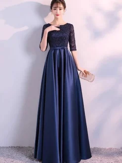 Robe de soirée longue marine marine Robe de soirée longue en dentelle Robe de soirée