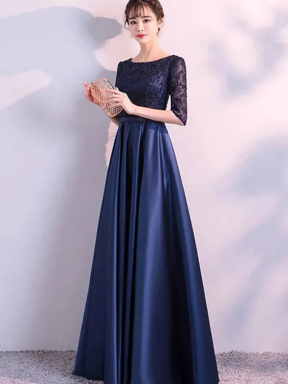 Robe de soirée longue marine marine Robe de soirée longue en dentelle Robe de soirée