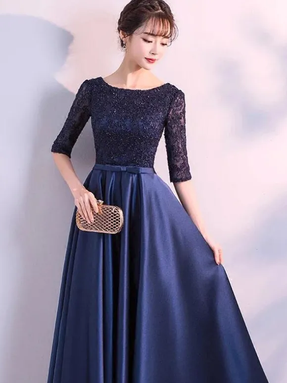 Robe de soirée longue marine marine Robe de soirée longue en dentelle Robe de soirée