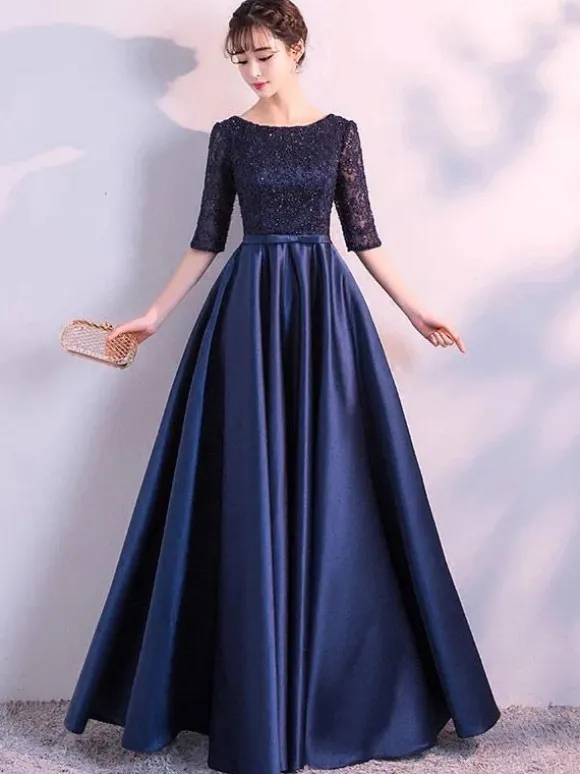 Robe de soirée longue marine marine Robe de soirée longue en dentelle Robe de soirée