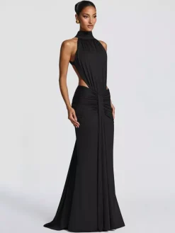 Robe de soirée longue marron café dos nu plissée sans manches chic et semi-formelle