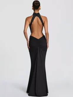 Robe de soirée longue marron café dos nu plissée sans manches chic et semi-formelle