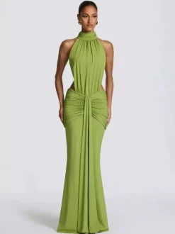 Robe de soirée longue marron café dos nu plissée sans manches chic et semi-formelle