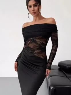 Robe de soirée longue marron café épaules dénudées dentelle manches longues coupe élégante semi-formelle