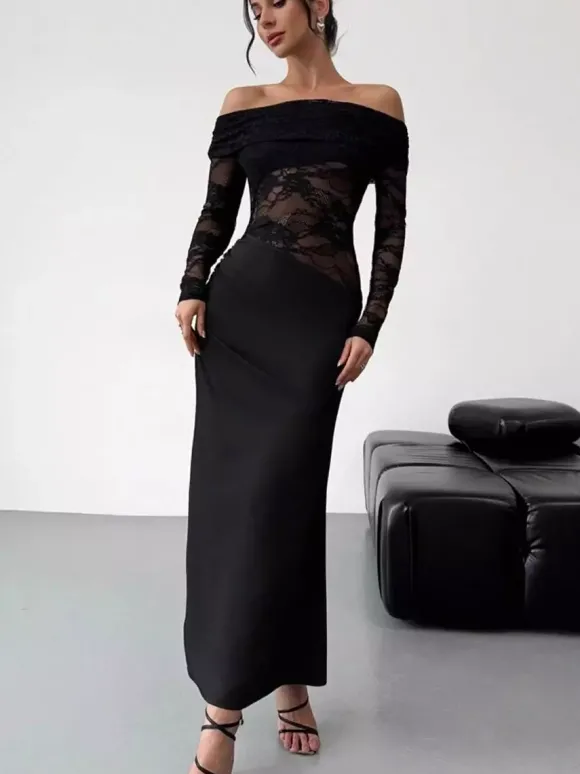Robe de soirée longue marron café épaules dénudées dentelle manches longues coupe élégante semi-formelle