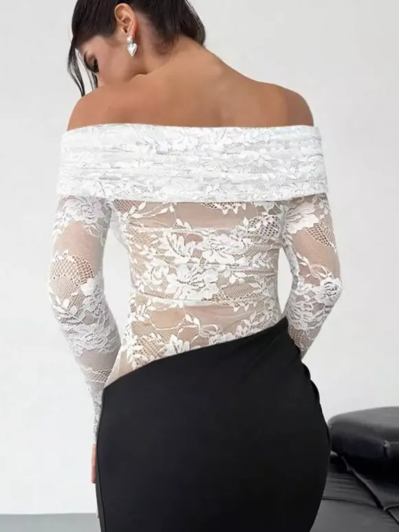 Robe de soirée longue marron café épaules dénudées dentelle manches longues coupe élégante semi-formelle