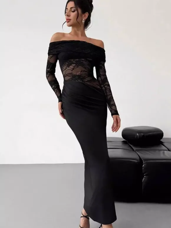 Robe de soirée longue marron café épaules dénudées dentelle manches longues coupe élégante semi-formelle