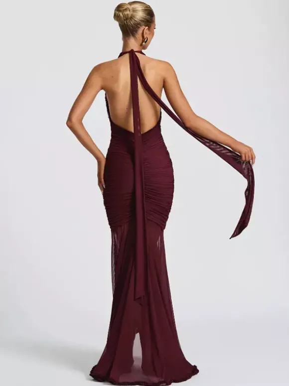 Robe de soirée longue noire à col V plissée sans manches sexy et semi-formelle