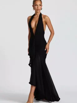 Robe de soirée longue noire à col V plissée sans manches sexy et semi-formelle