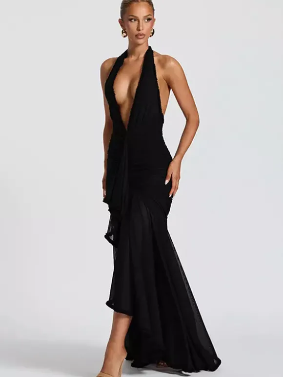 Robe de soirée longue noire à col V plissée sans manches sexy et semi-formelle