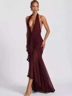 Robe de soirée longue noire à col V plissée sans manches sexy et semi-formelle